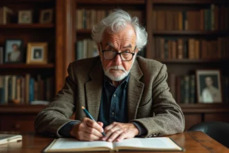 Homme d age en tweed feuilletant un manuscrit ancien