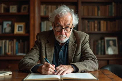 Homme d age en tweed feuilletant un manuscrit ancien