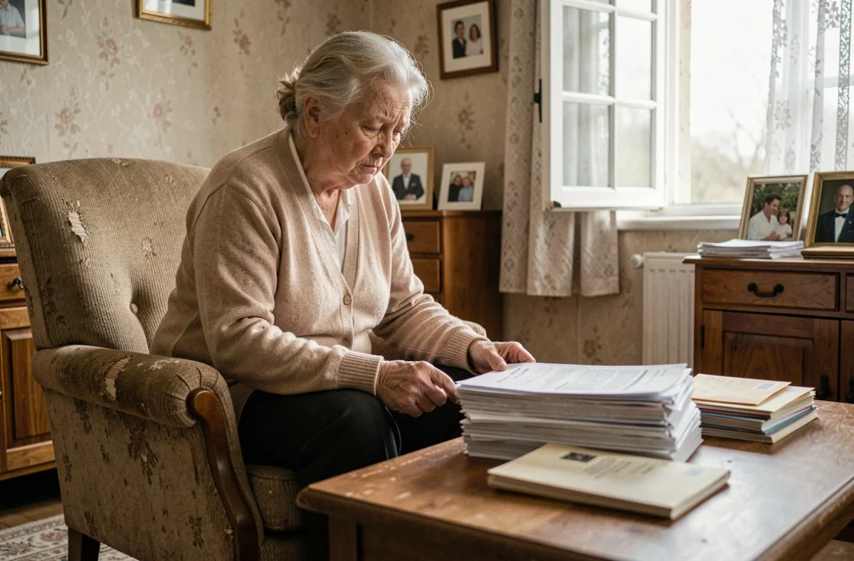 Femme âgée préoccupée par les démarches administratives de l'APA à domicile
