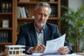 Investisseur immobilier étudiant un projet d'achat de chambre en EHPAD neuf en VEFA avec des documents fiscaux sur un bureau