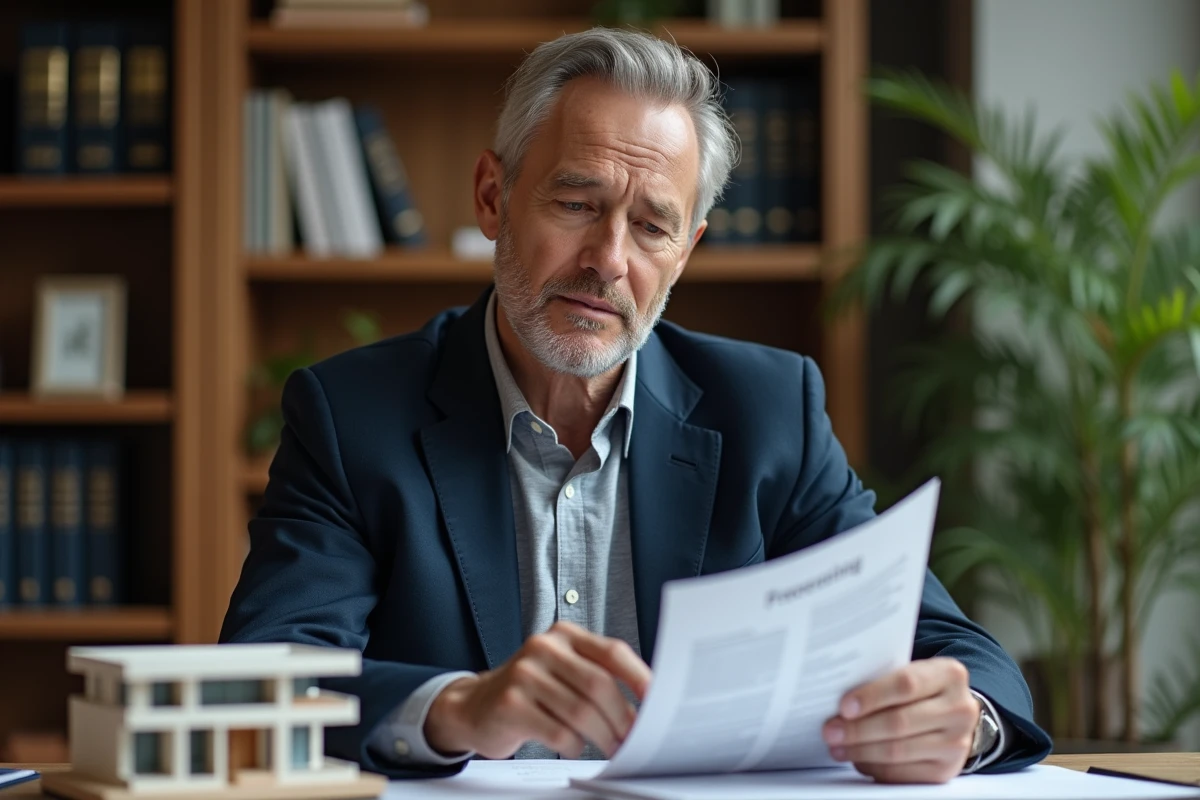 Investisseur immobilier étudiant un projet d'achat de chambre en EHPAD neuf en VEFA avec des documents fiscaux sur un bureau