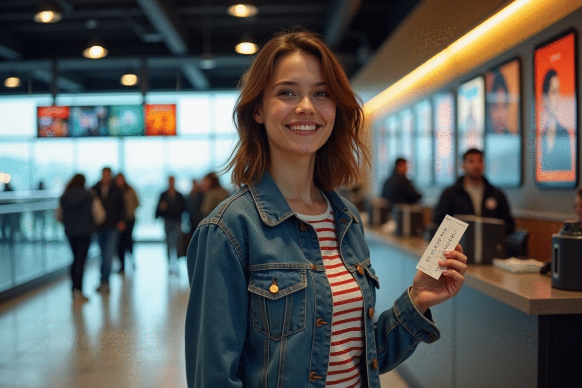 Jeune femme souriante avec billet de cinema devant le guichet