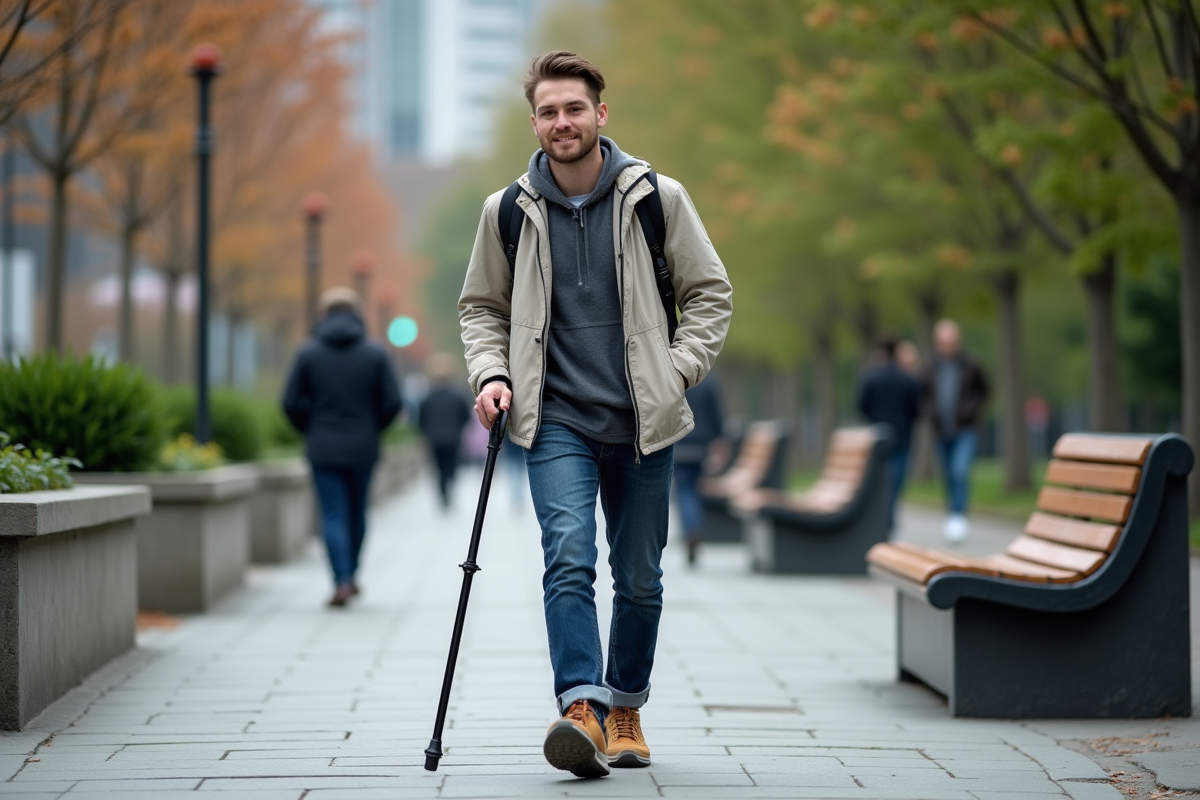 Jeune homme utilisant une canne dans la ville