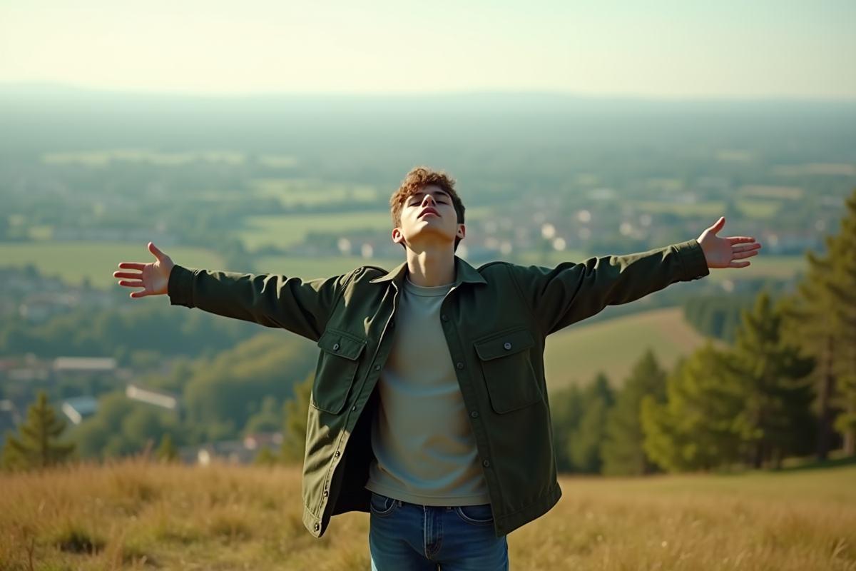 Jeune homme en pleine nature avec bras ouverts et vue panoramique