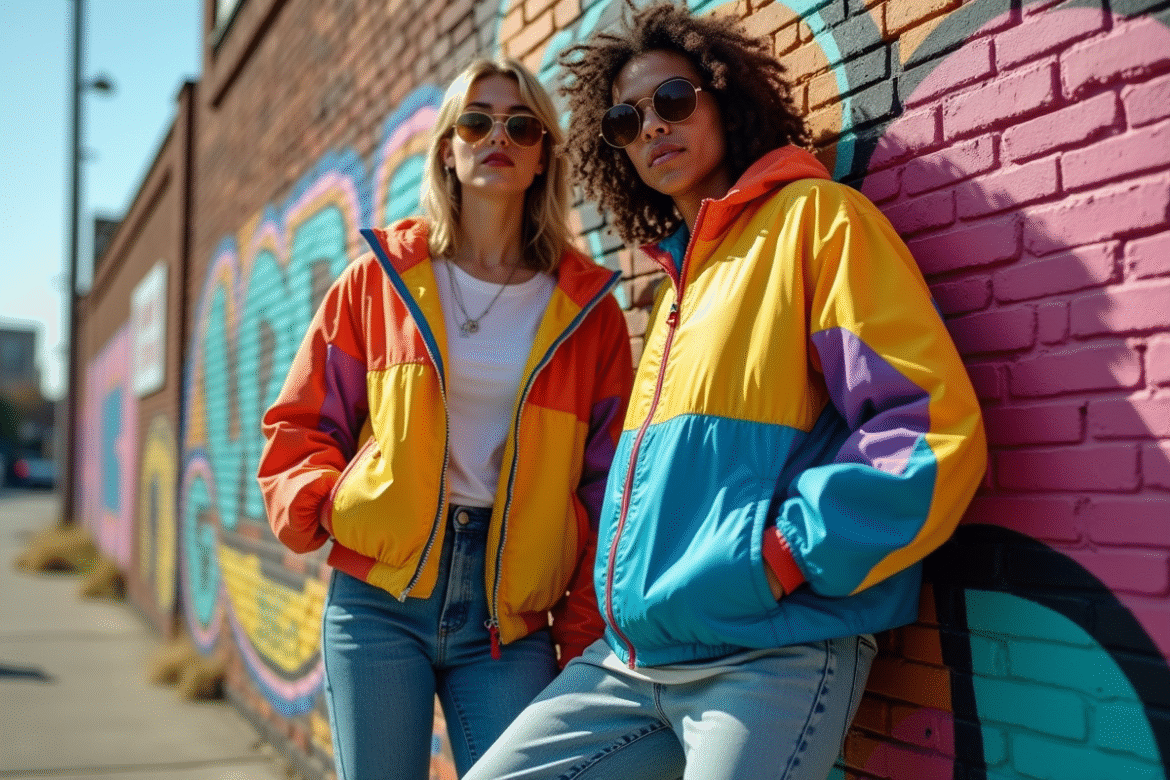 Jeune homme et femme en streetwear 90s devant un mur graffite