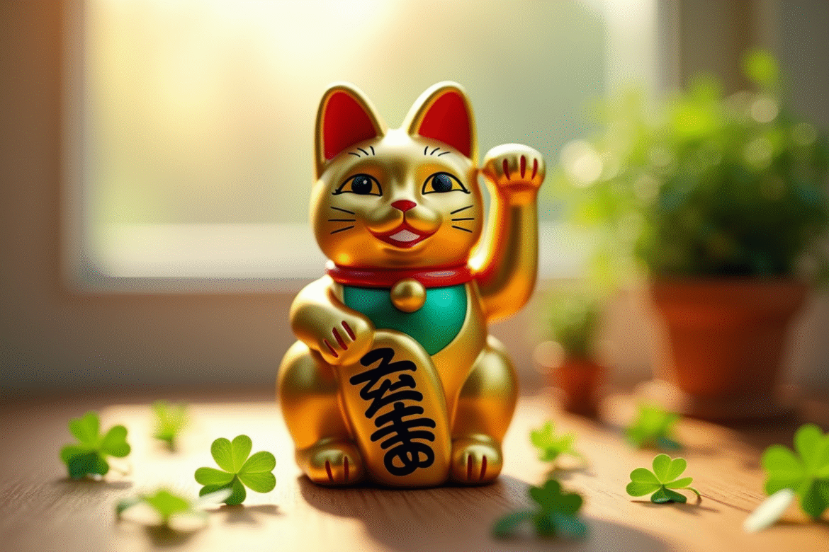 Statue de manekineko doré sur une table en bois ensoleillée