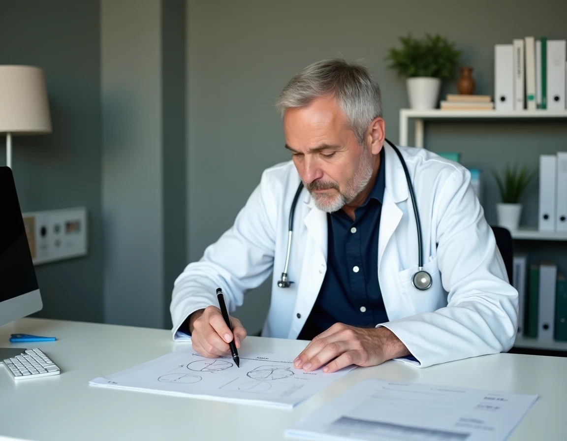 Médecin gériatre analysant un dessin d'horloge réalisé par un patient dans un bureau médical professionnel