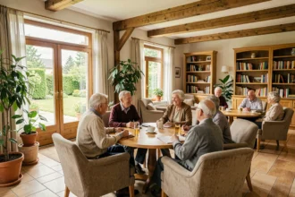 Résidents seniors souriants partageant un moment convivial dans une résidence senior du Bas-Rhin, avec vue sur un jardin alsacien