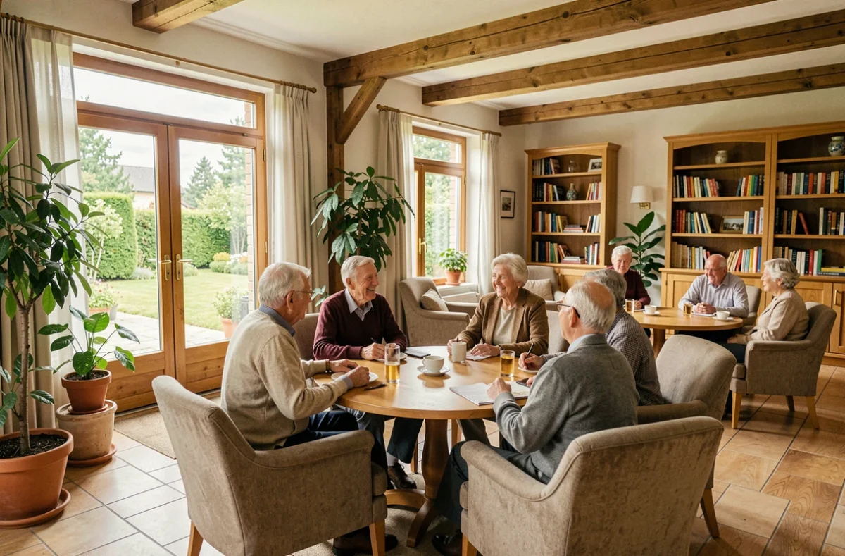 Résidents seniors souriants partageant un moment convivial dans une résidence senior du Bas-Rhin, avec vue sur un jardin alsacien