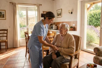Une aide à domicile accompagne une personne âgée dans une maison typique de l'Hérault, illustrant les services d'aide à domicile dans la région.
