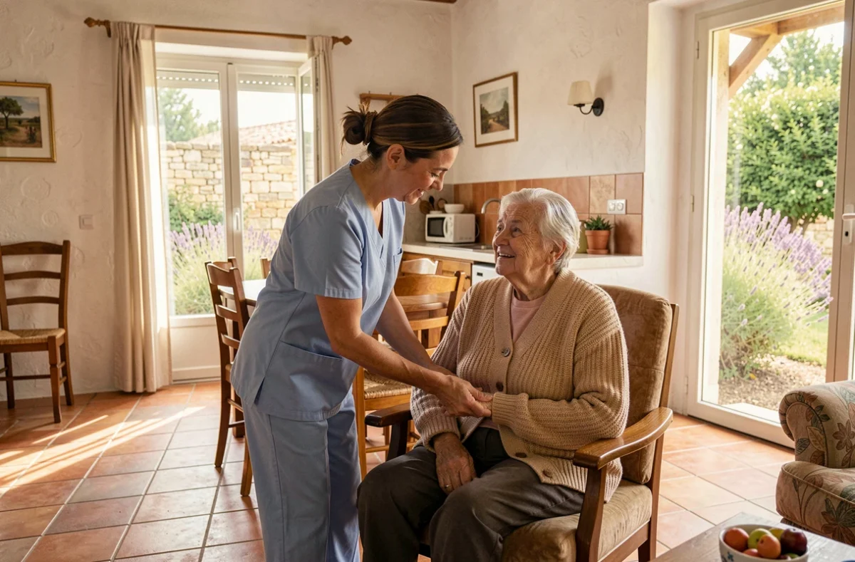 Une aide à domicile accompagne une personne âgée dans une maison typique de l'Hérault, illustrant les services d'aide à domicile dans la région.