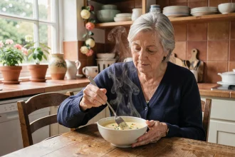 Senior femme âgée dégustant une soupe veloutée aux légumes dans une cuisine chaleureuse, menu équilibré à texture adaptée pour personnes âgées
