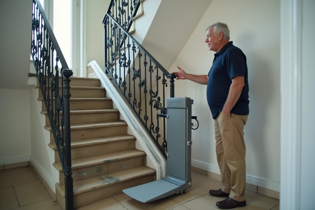Homme montrant un ascenseur portable installé sans travaux dans un escalier d'immeuble haussmannien