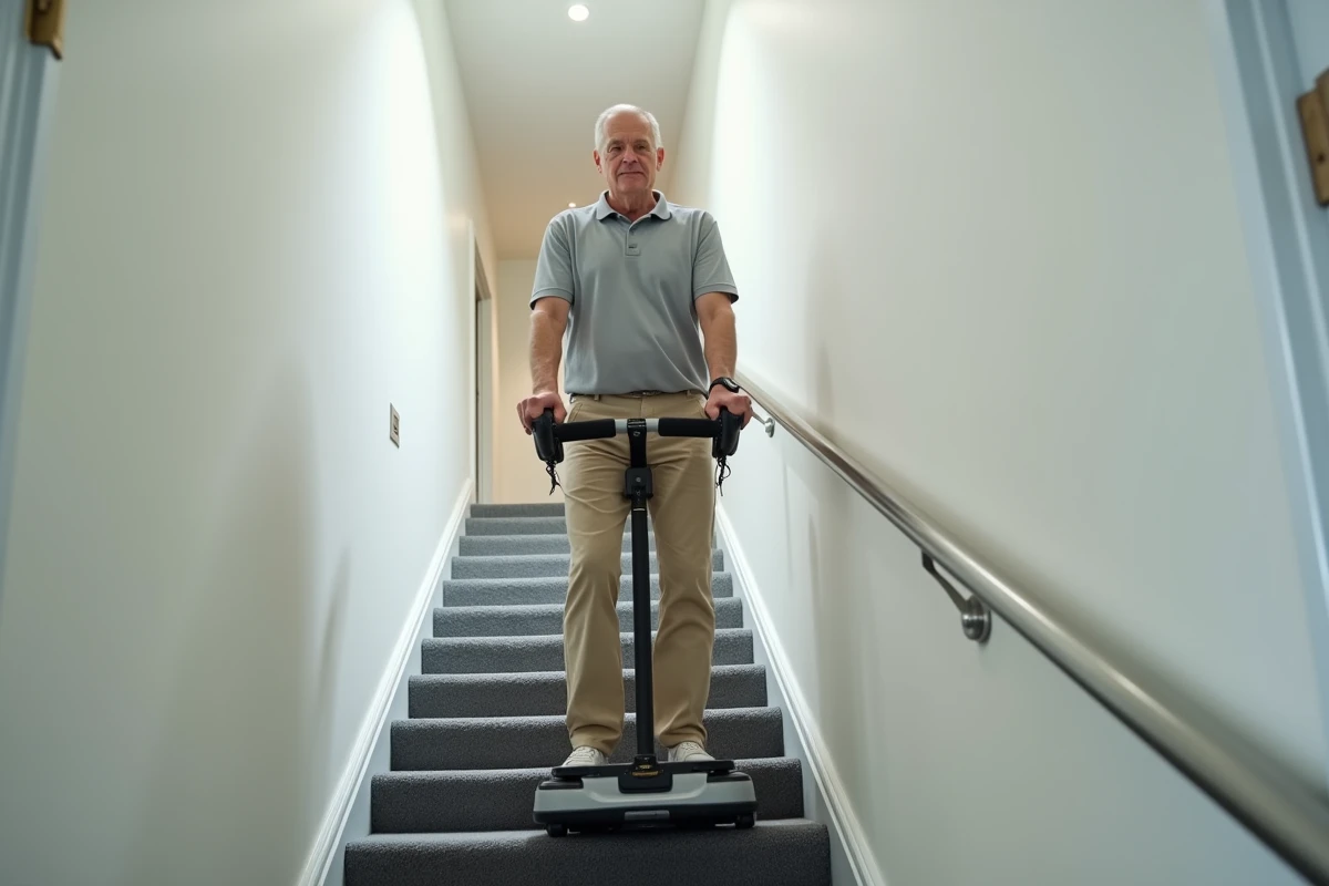 Homme senior utilisant un monte-escalier portable sans travaux dans un couloir d'immeuble moderne