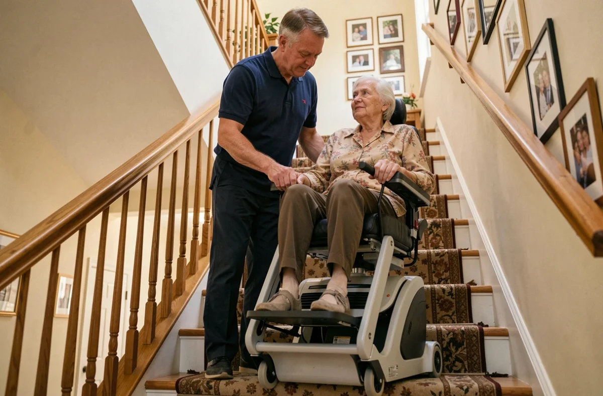 Aide-soignant utilisant un monte escaliers électrique portable pour accompagner une personne âgée dans un escalier résidentiel