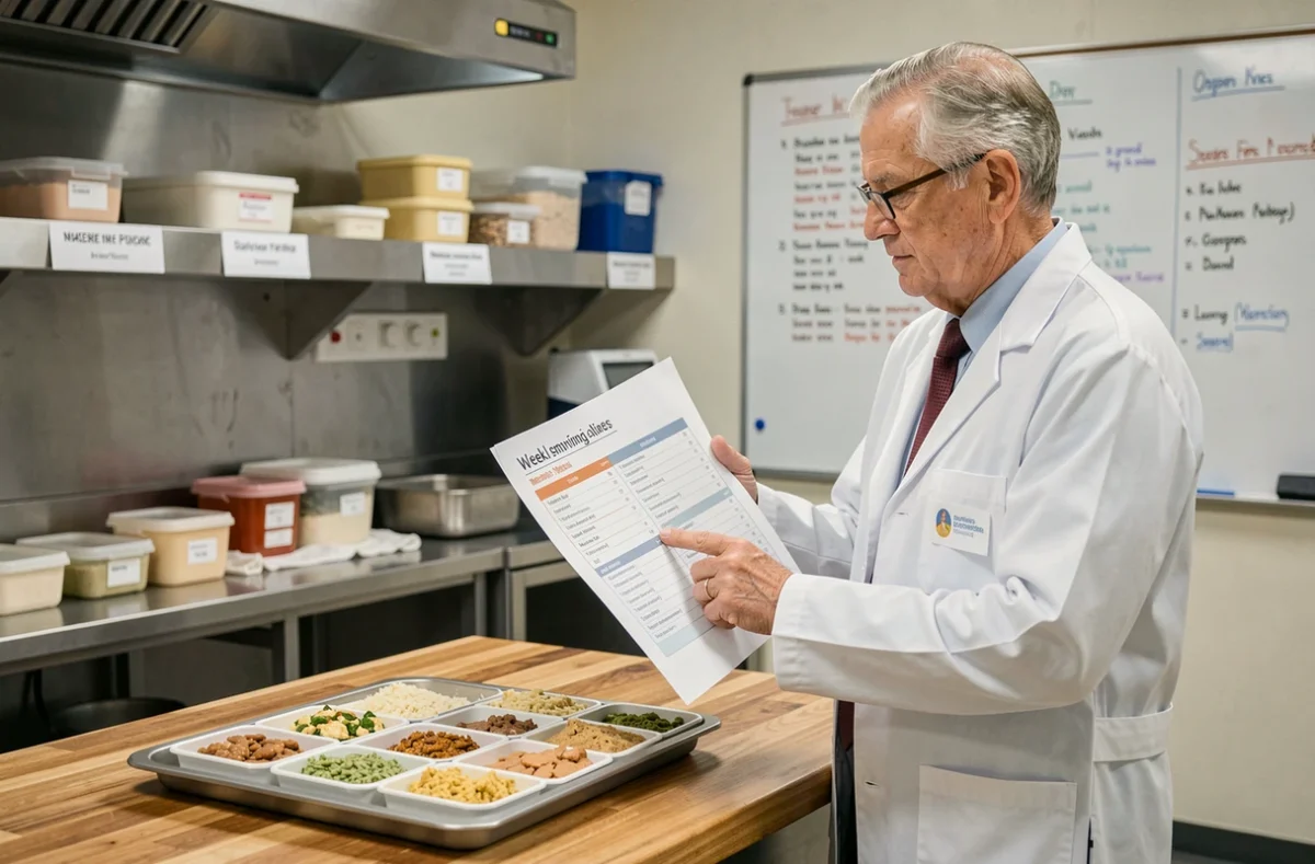 Nutritionniste vérifiant un menu hebdomadaire équilibré pour seniors dans une cuisine diététique professionnelle avec repas à textures adaptées