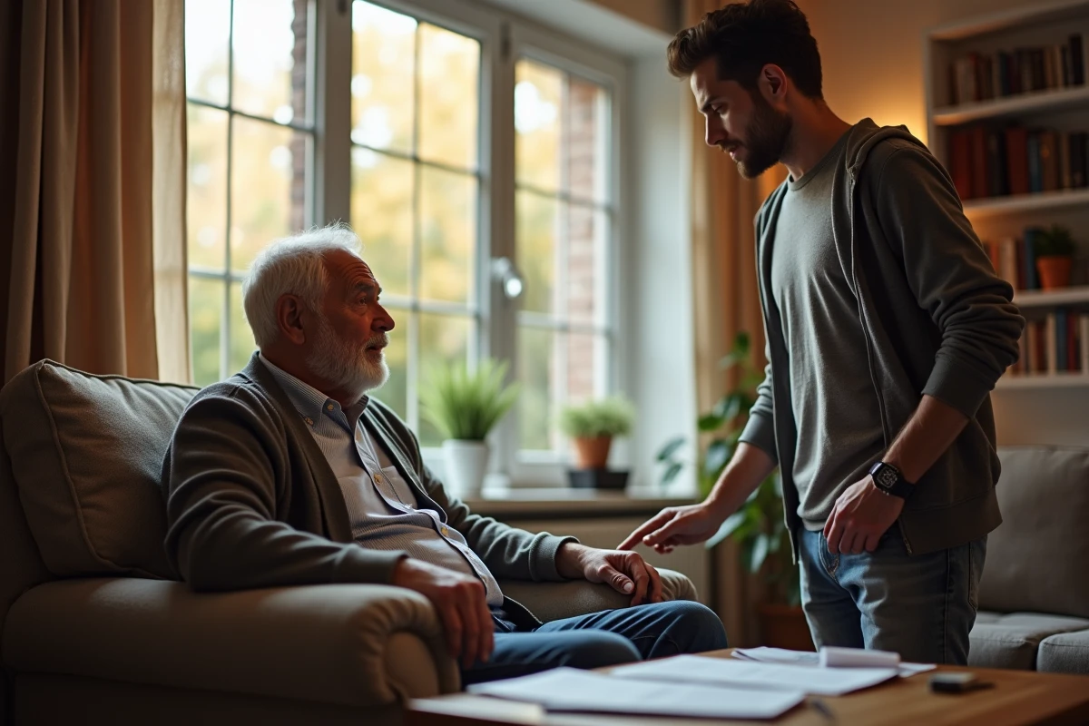 Père senior discutant avec son fils dans le salon