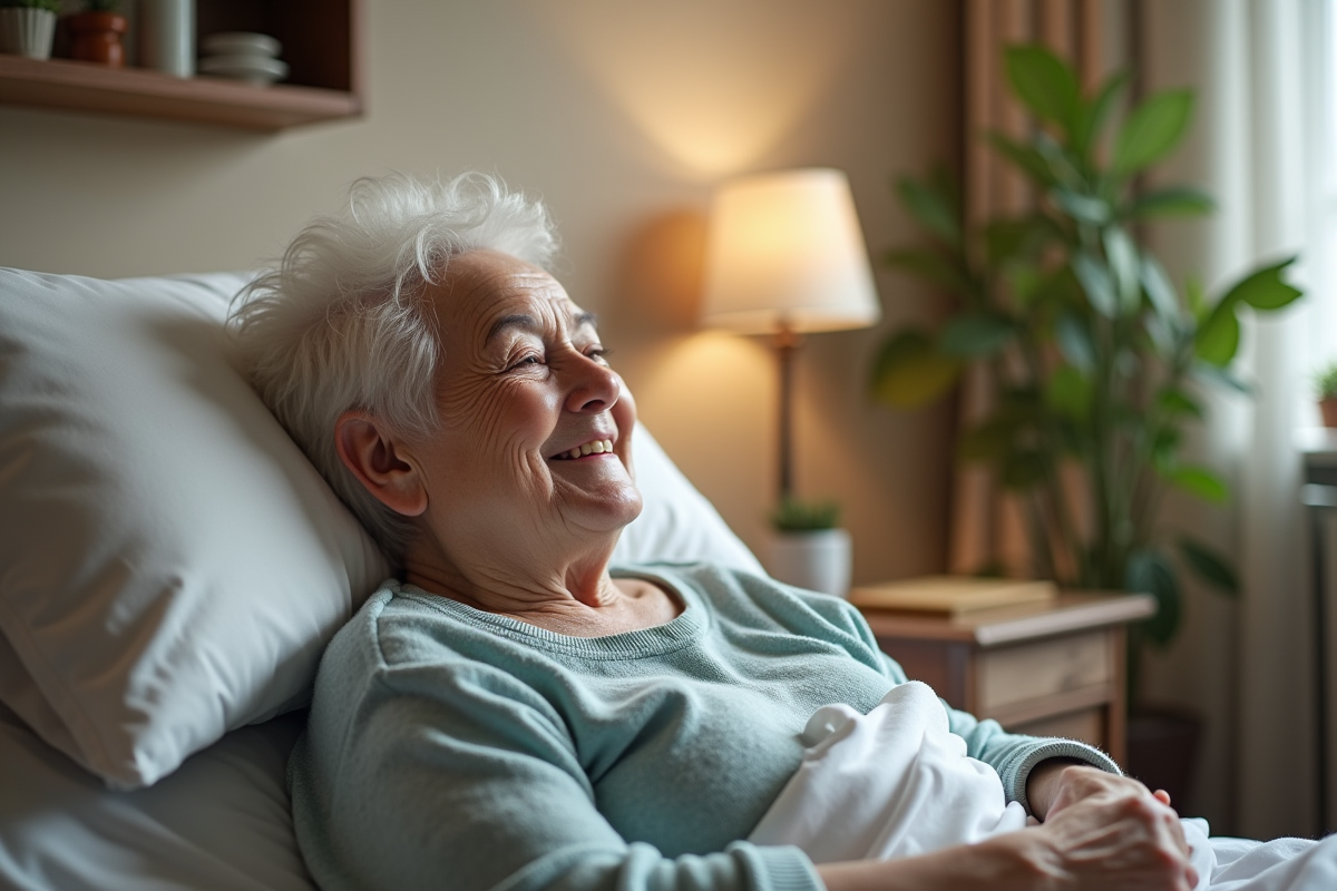 Personne âgée souriante sur un lit à domicile entourée de famille