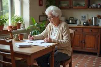 Une femme âgée en GIR 2 consultait des documents d'aide à domicile dans sa cuisine, illustrant les solutions pour maintenir l'autonomie à domicile.