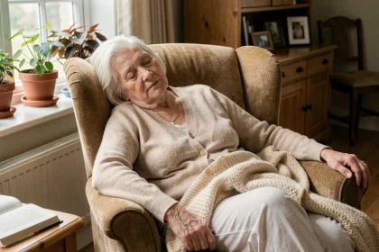 Personne âgée qui dort beaucoup assoupie dans un fauteuil confortable de son salon