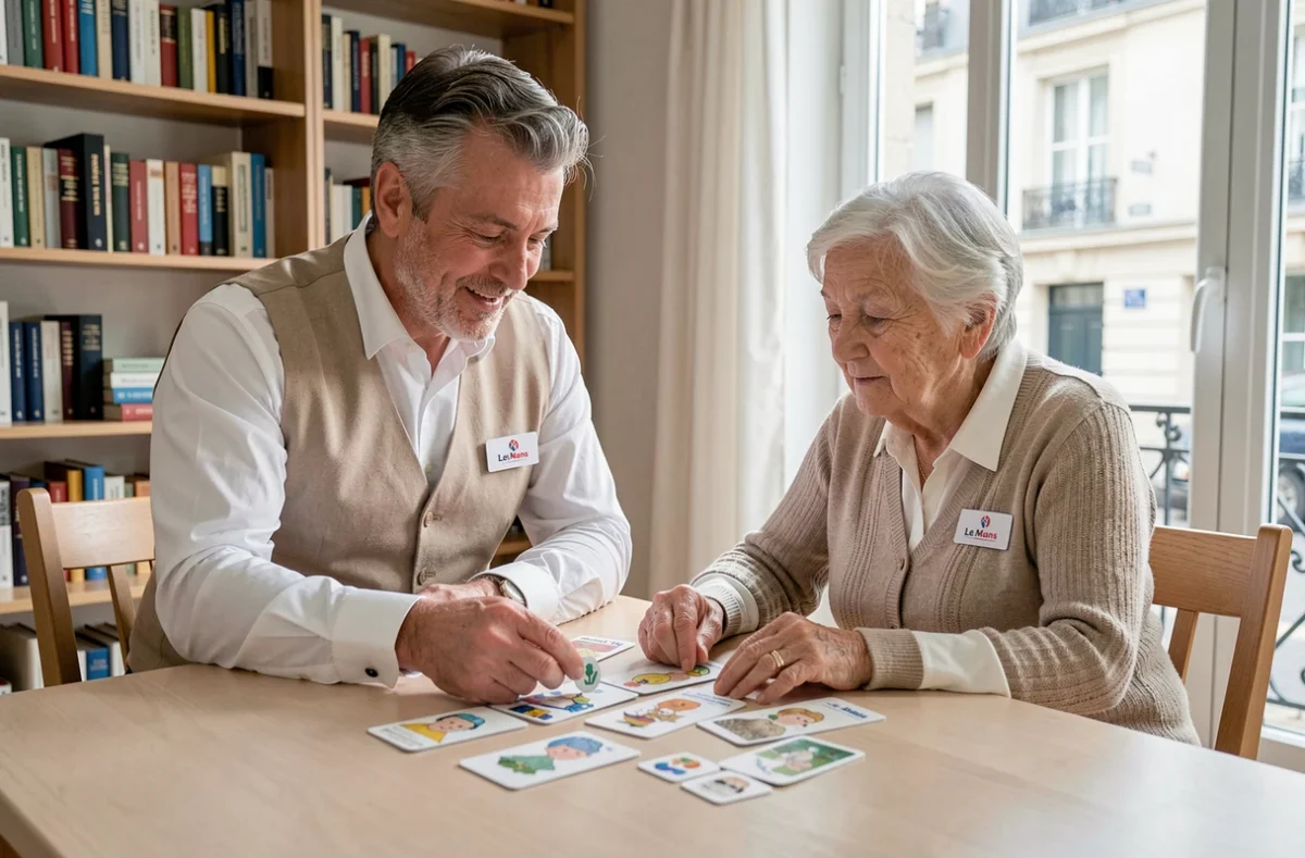 Un auxiliaire de vie Petits-fils accompagne une personne âgée lors d'un exercice cognitif dans un appartement du Mans