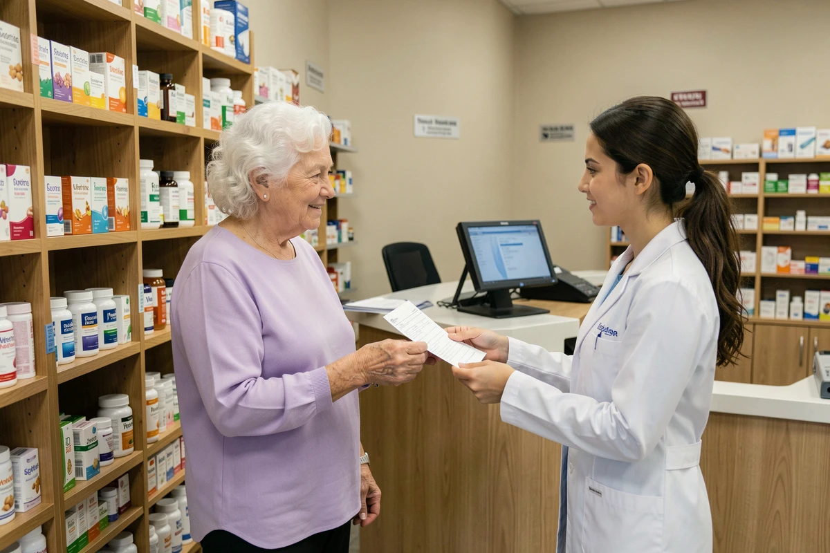 Femme senior recevant des conseils sur le RITONIC auprès d'une pharmacienne devant un rayon de compléments alimentaires