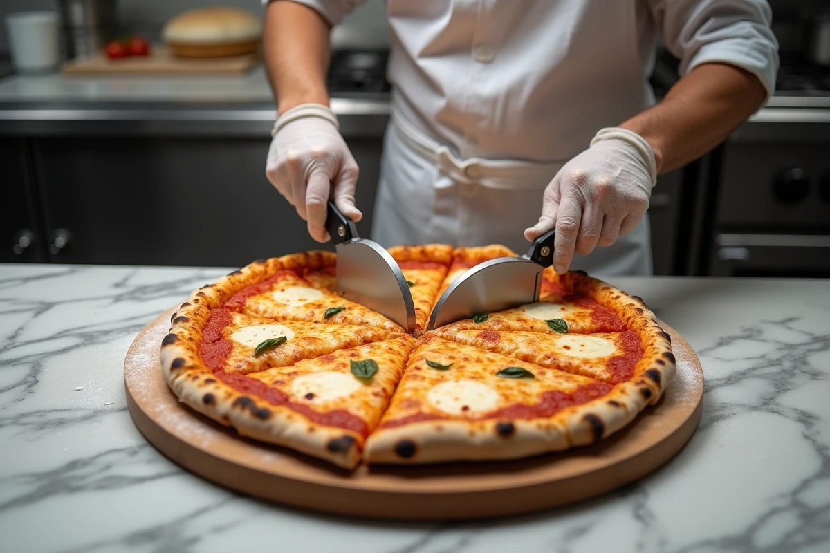 Pizzaiolo découpant une pizza Senior en 8 parts égales avec une roulette à pizza sur un plan de travail en marbre
