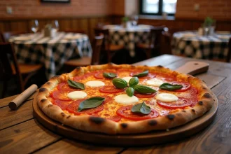 Grande pizza Senior entière vue de dessus avec une règle pour mesurer son diamètre de 40 cm sur une table en bois rustique
