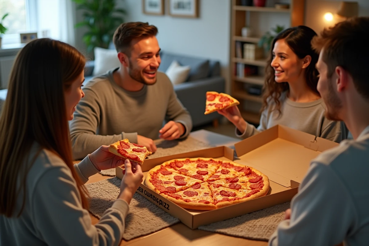 Famille partageant une pizza Senior autour d'une table à manger à la maison, illustrant les parts pour 4 personnes