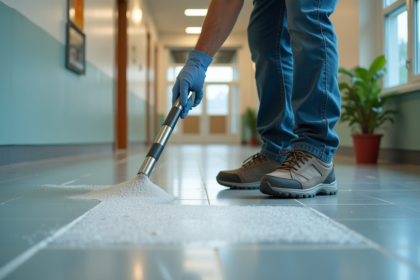 Homme en tenue de travail appliquant un traitement antidérapant sur un sol carrelé
