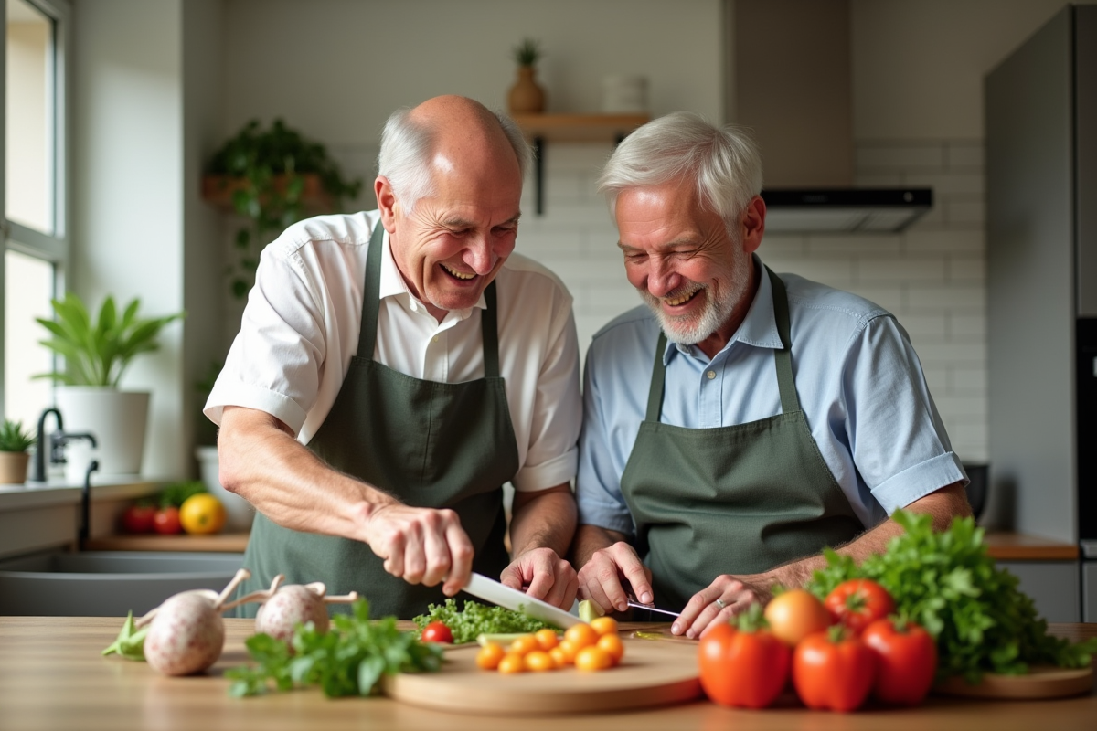 Père et fils préparant un repas dans une cuisine ensoleillée