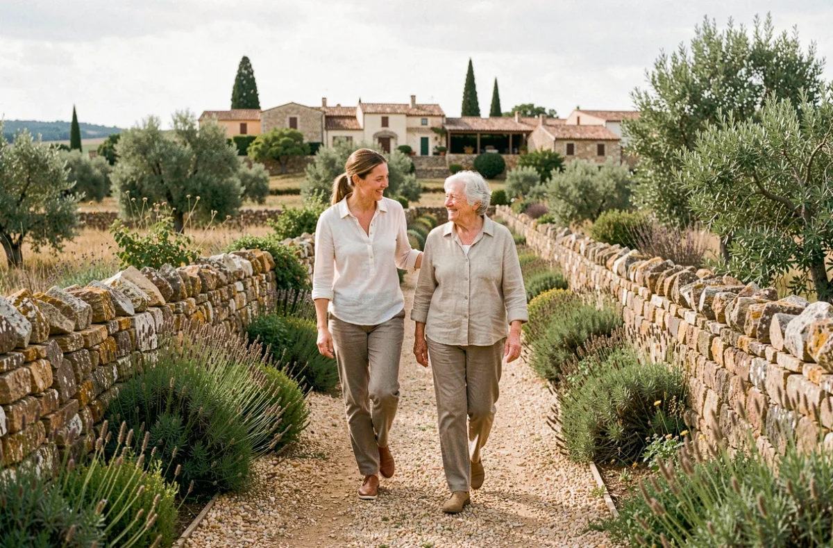 Une accompagnante aide une personne âgée à se déplacer dans un jardin rural de l'Hérault, illustrant les services Présence Verte en milieu rural.