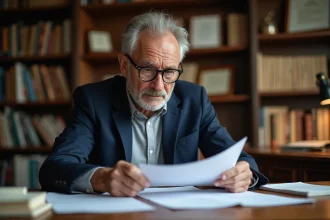 Professeur agrégé d'une cinquantaine d'années consultant son dossier de retraite dans un bureau universitaire