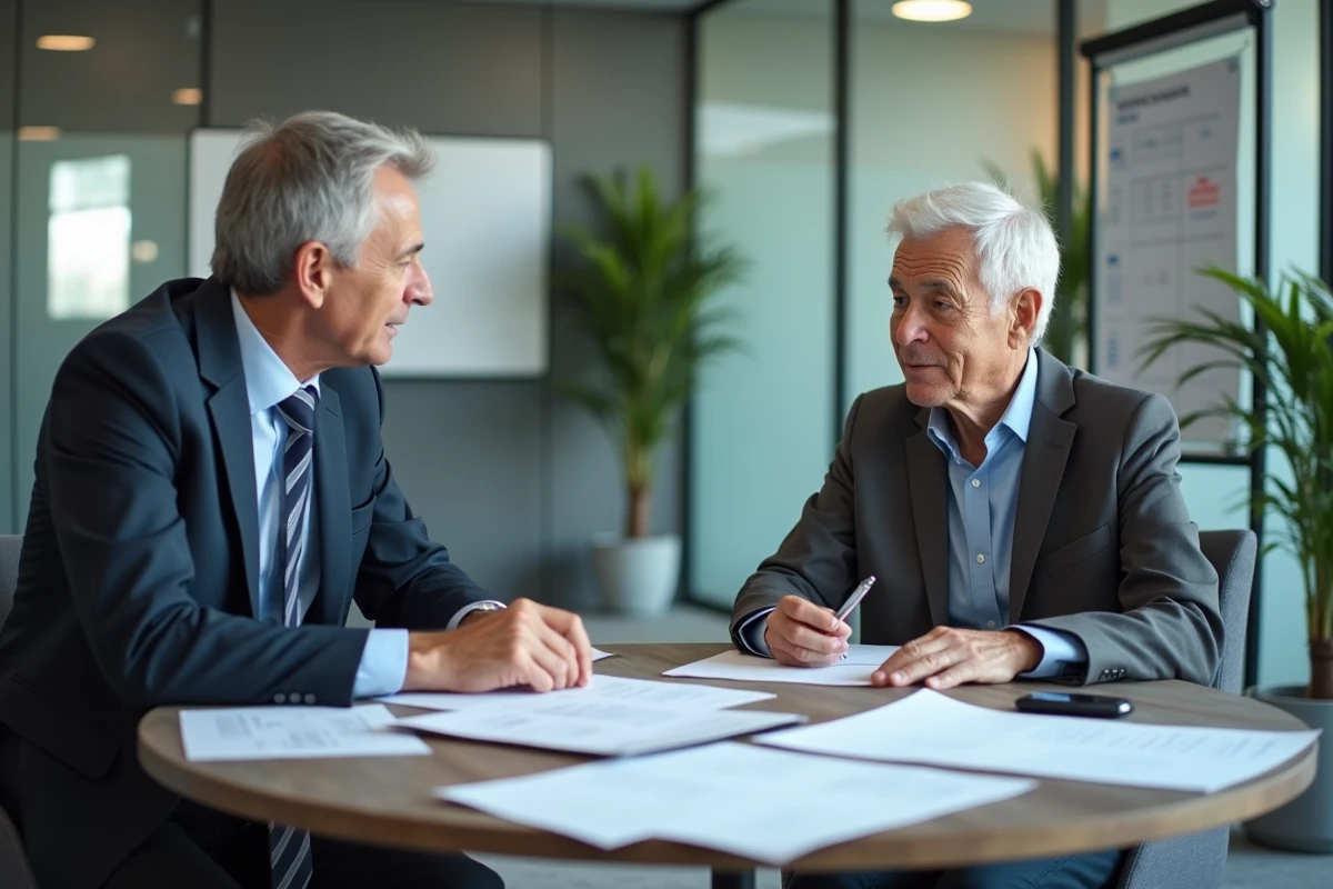 Couple de professeurs agrégés en réunion avec un conseiller retraite pour calculer leur pension