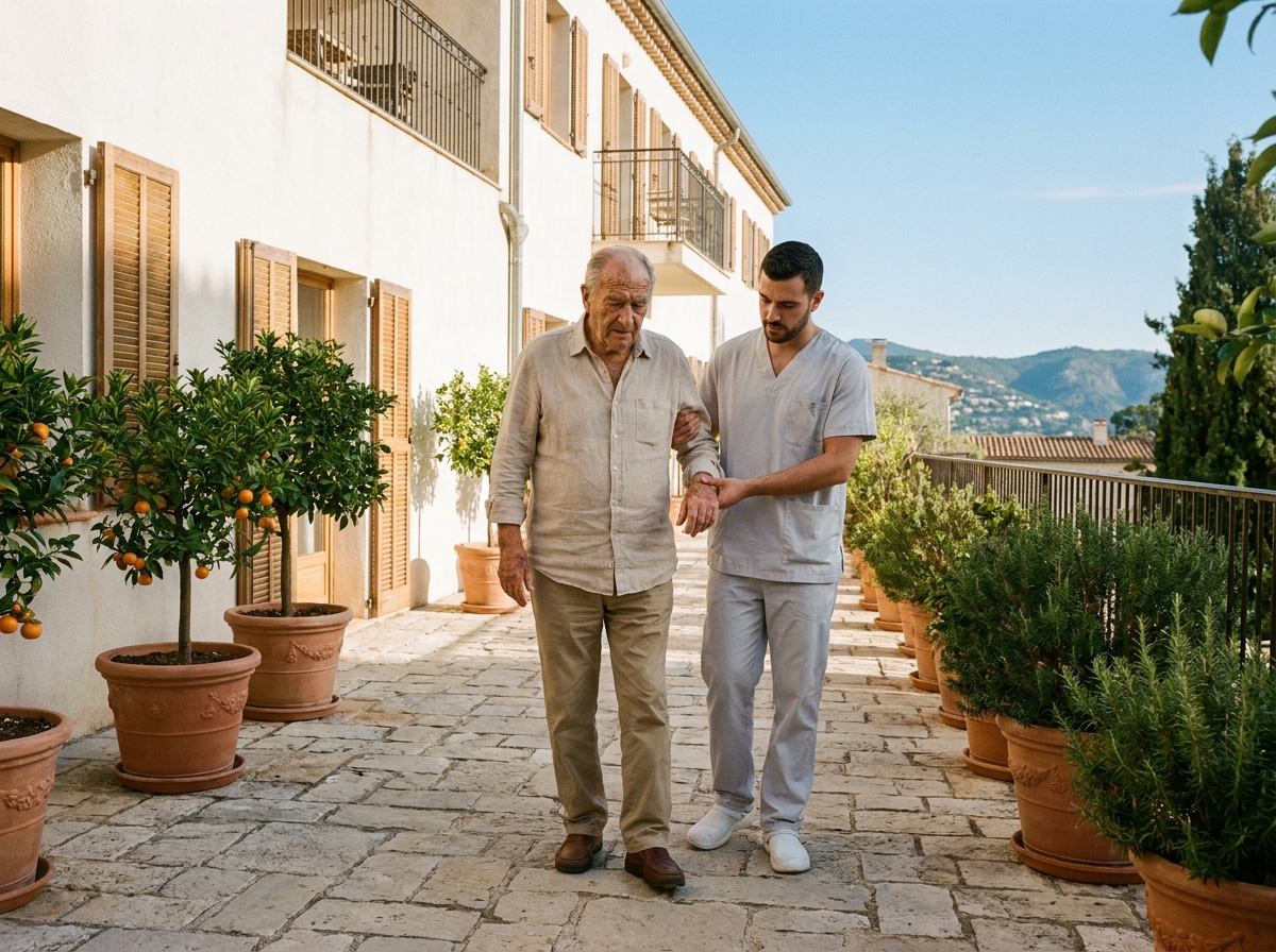 Un résident et un soignant se promènent dans la cour intérieure d'un EHPAD à Nice, illustrant la qualité de vie et l'accompagnement au quotidien en résidence médicalisée.