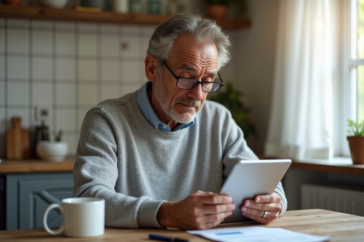 Homme senior utilisant une tablette à domicile pour récupérer ses identifiants de connexion Philia admr