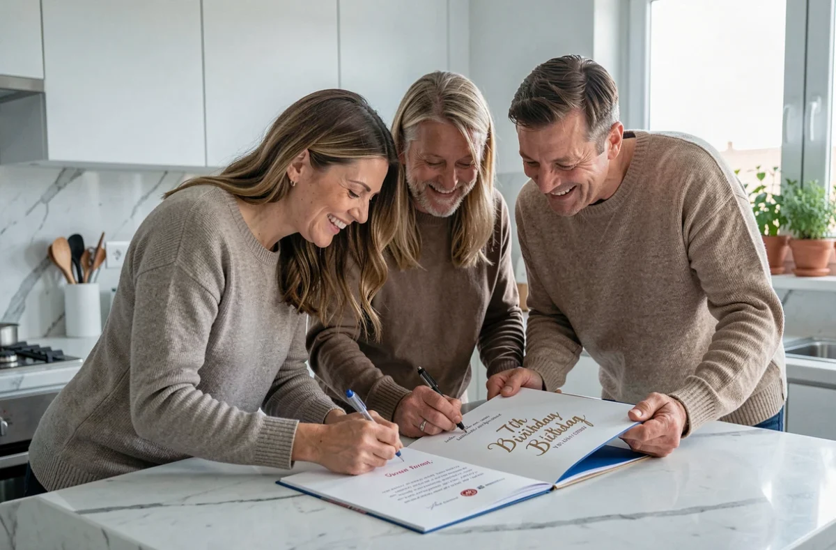 Trois adultes rédigeant ensemble un message d'anniversaire pour les 70 ans d'un parent