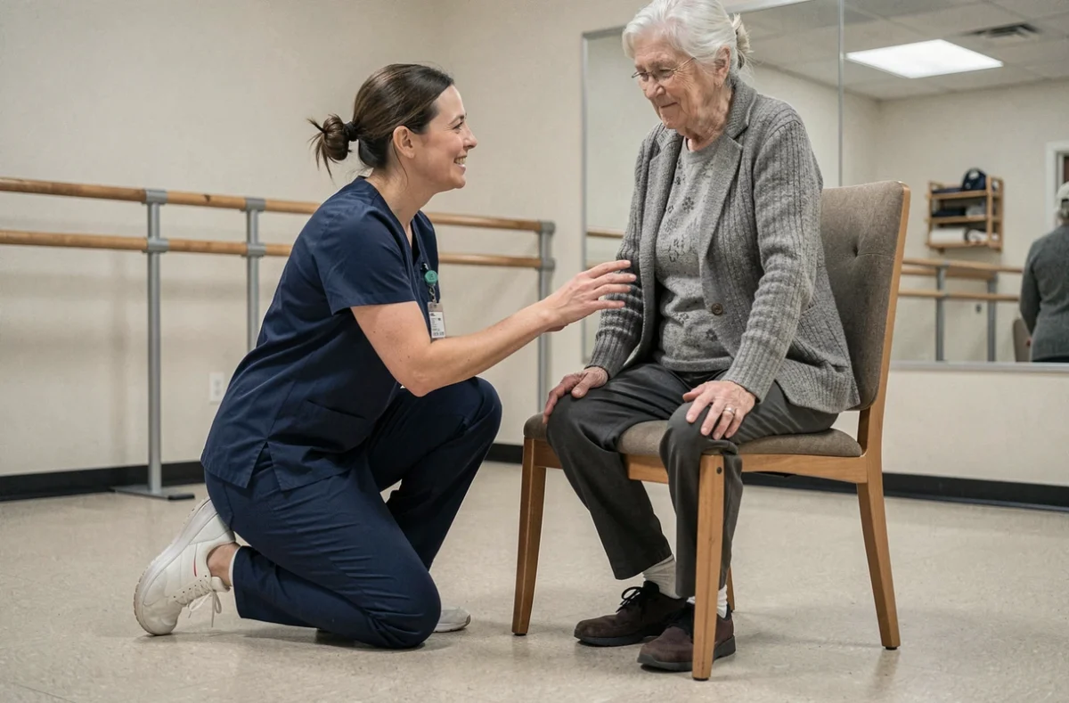 Ergothérapeute accompagnant une patiente âgée dans un exercice de rééducation fonctionnelle en gériatrie