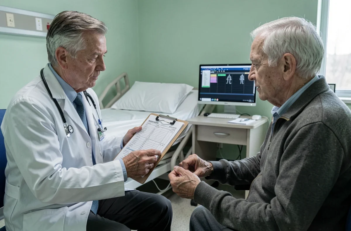Médecin gériatre réévaluant l'autonomie d'un patient âgé fragile lors d'une consultation hospitalière