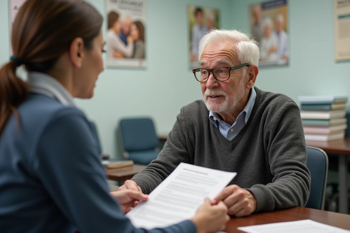Homme âgé rencontrant un travailleur social en bureau