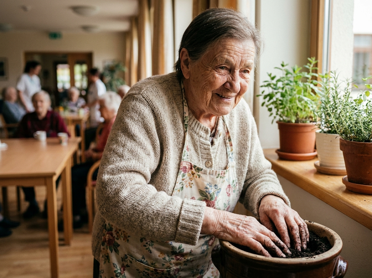 Résidente âgée en EHPAD plantant des graines dans un pot de terre cuite, activité jardinage thérapeutique en maison de retraite