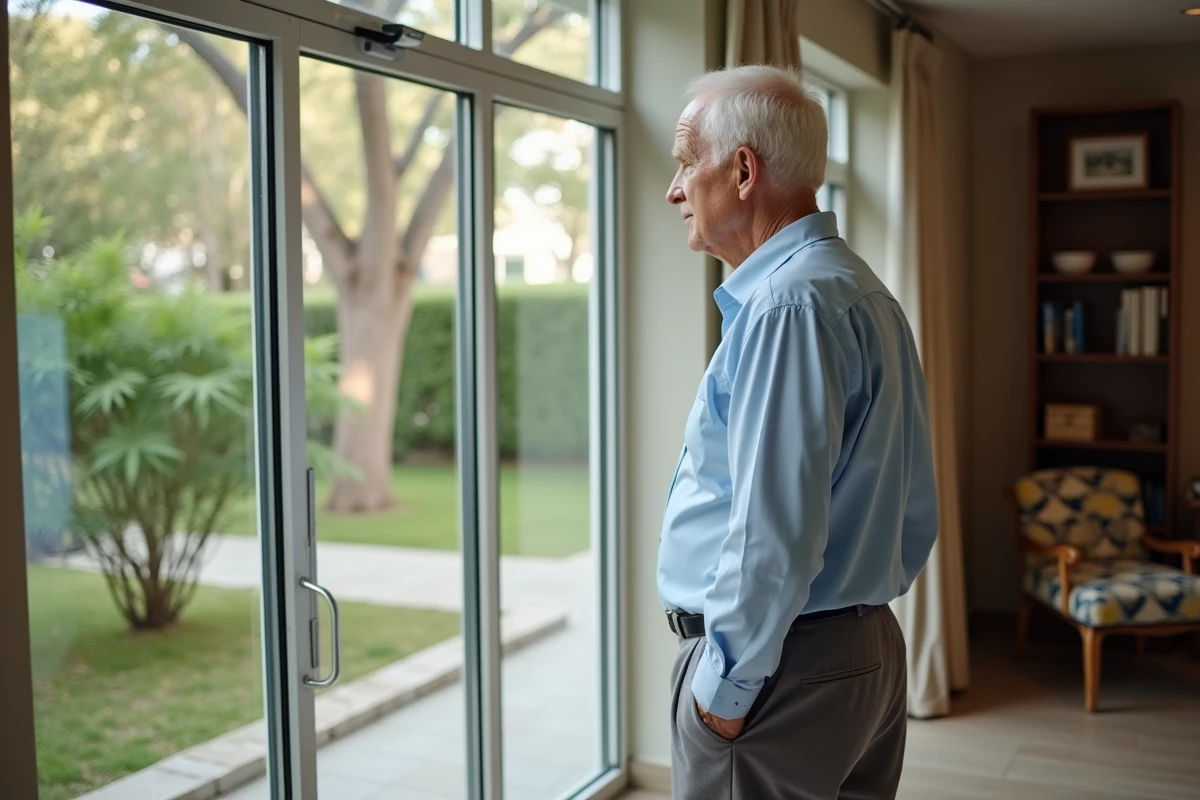 Un homme âgé contemplatif dans son appartement de résidence seniors avec vue sur un jardin intérieur paisible