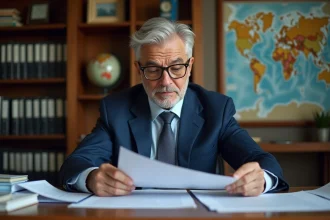 Homme de 58 ans consultant ses documents de retraite Agirc-Arrco dans un bureau à domicile avec carte du monde en arrière-plan