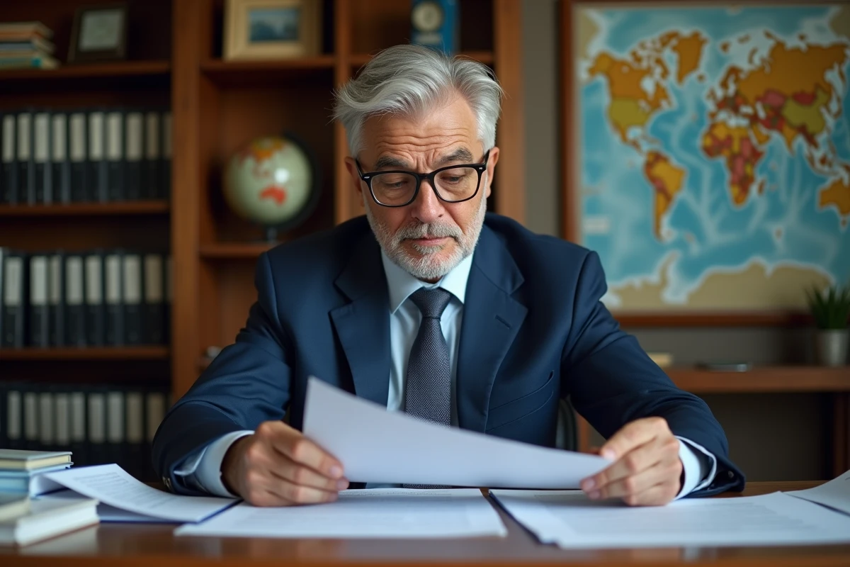 Homme de 58 ans consultant ses documents de retraite Agirc-Arrco dans un bureau à domicile avec carte du monde en arrière-plan