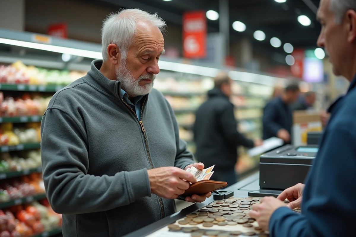 Retraité comptant son budget courses au supermarché après une carrière au SMIC