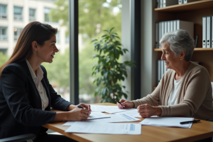 Femme senior avec conseiller en bureau pour retraite