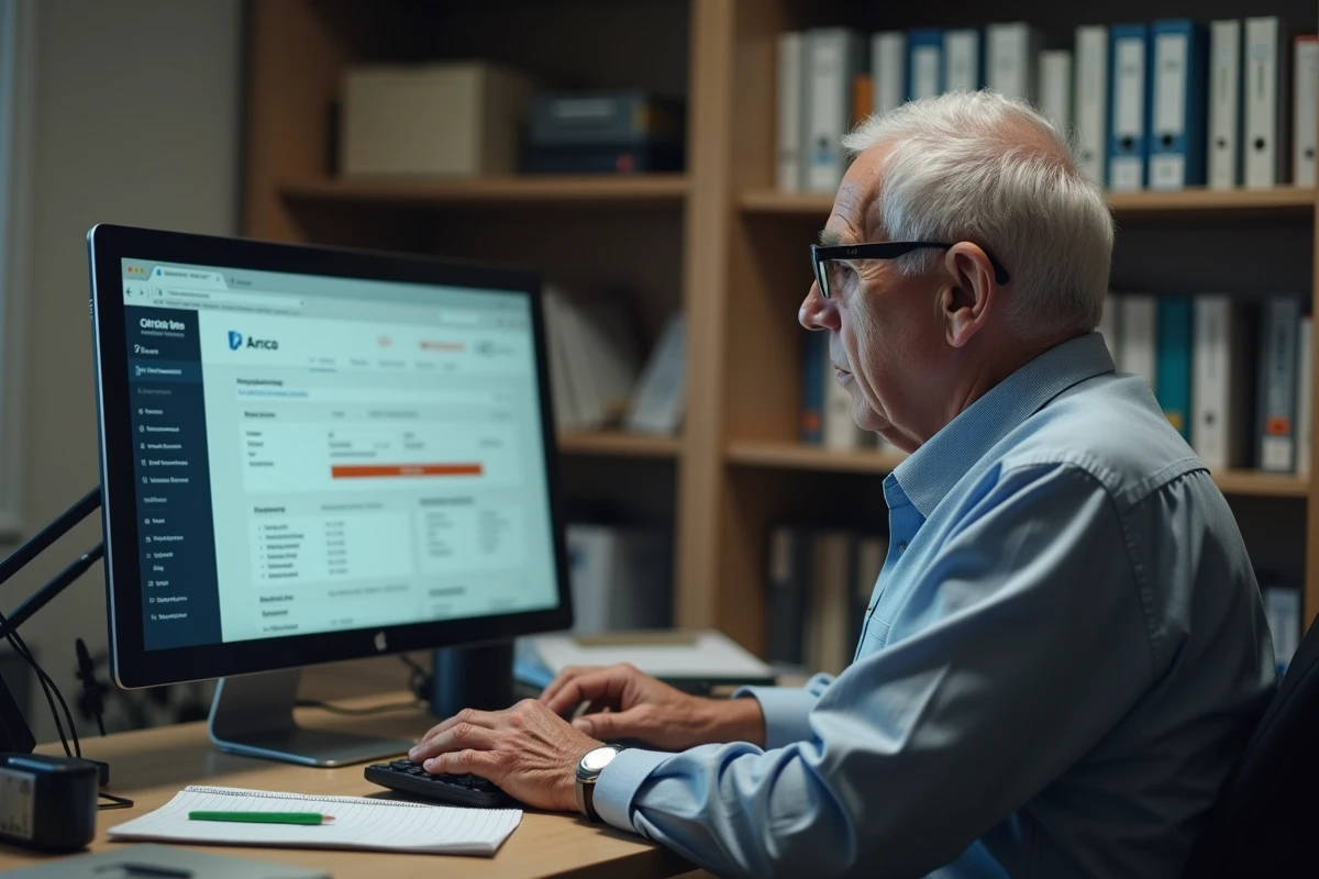 Retraité consultant son relevé de pension Agirc-Arrco sur ordinateur à domicile