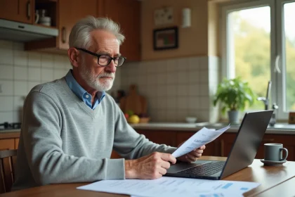 Retraité français examinant des documents de pension et relevés Agirc-Arrco à son domicile