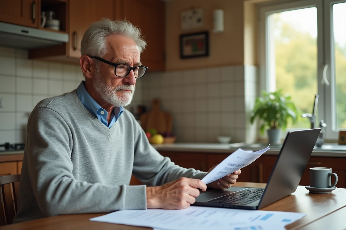 Retraité français examinant des documents de pension et relevés Agirc-Arrco à son domicile