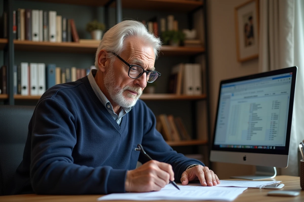 Retraité ancien combattant analysant les résultats d'un simulateur de retraite mutualiste sur son bureau à domicile